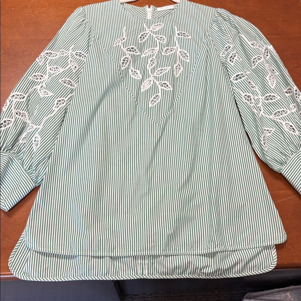 Sandro Green and White Striped Top with Embroidery